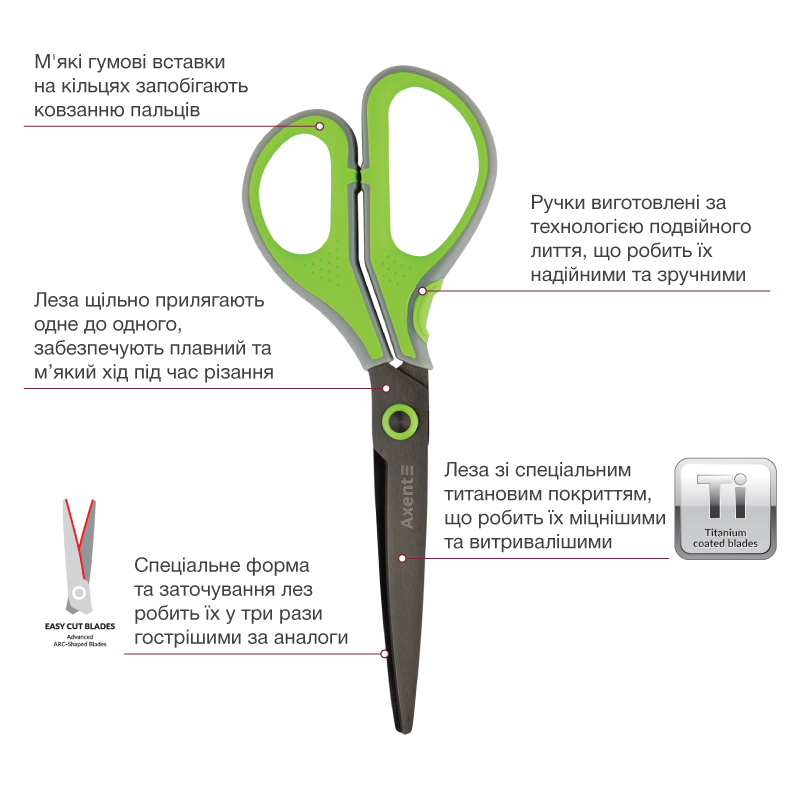 Ножиці Axent Titanium Lite 6406-09-A, 19 см, з прогумованими ручками, сіро-салатові